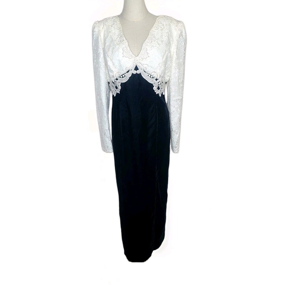 Vtg Scott McClintock Black Velvet Cream Lace Appliqué‎ Formal Prom Evening Dress